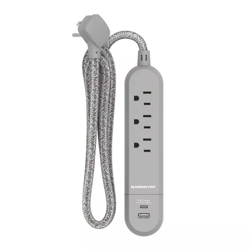 4 Ft Power Strip With 3 Outlets And Usb Ports Gray